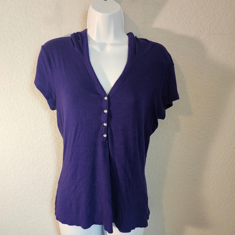 INC‎ y2k large ribbed short sleeve purple henley style shirt with hoodie